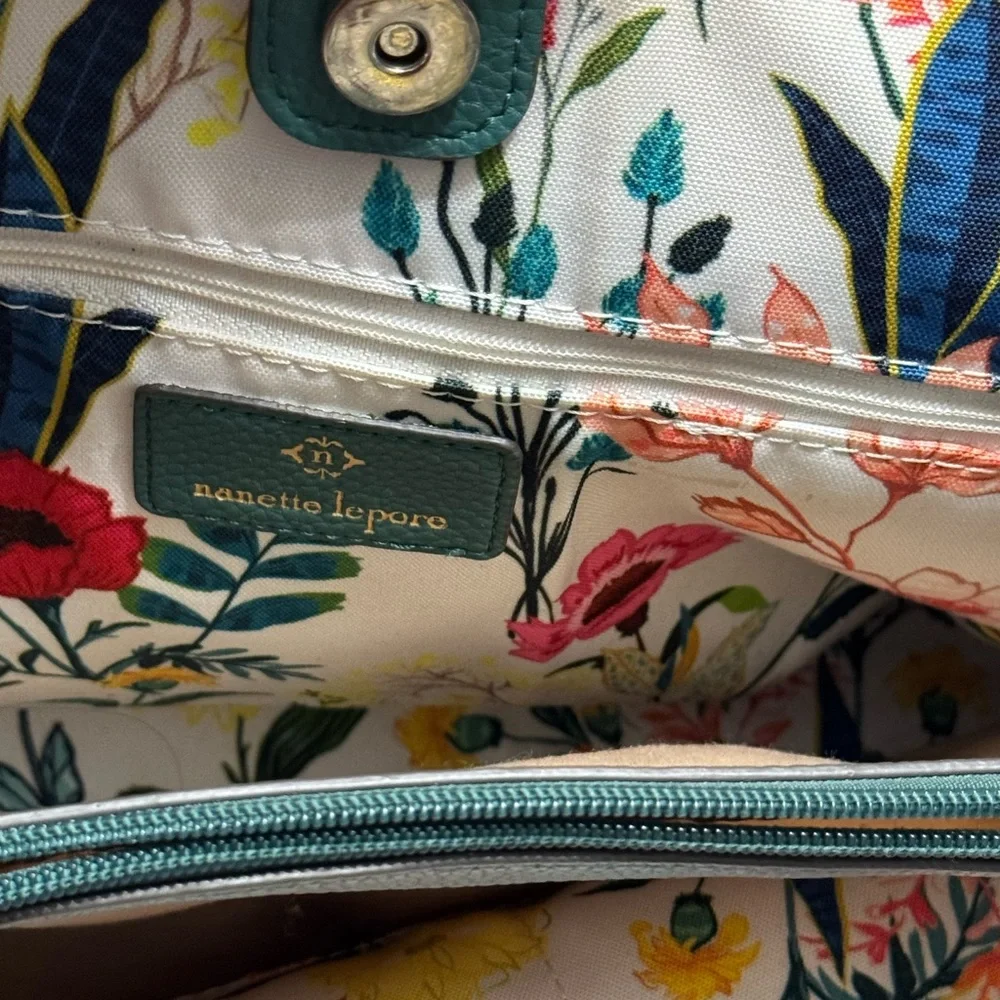 Nanette Lepore Hobo Handbag - Oversized Teal Floral Lined Purse - Picture 4 of 4